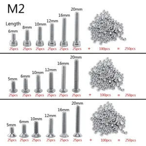 250 pc/set A2 stainless steel M3 cap/button/flat head screws sets hex socket bolts with hex nuts assortment kit
