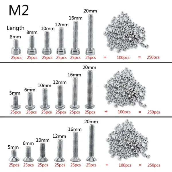 250 pc/set A2 stainless steel M3 cap/button/flat head screws sets hex socket bolts with hex nuts assortment kit