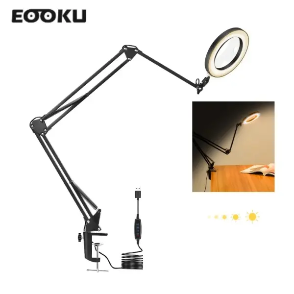 EOOKU 8W Table Lamp LED Three-Section Flexible Handle 3-Color 5X/10X Magnifying Glass Reading Work Repair Welding Hand Tool