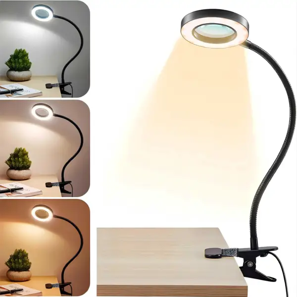 1pc, 5X Clip On Magnifying Glass with Light, Dimmable Desk Magnifier Lamp with Clamp for Reading, Crafts, DIY and Daily Repair.