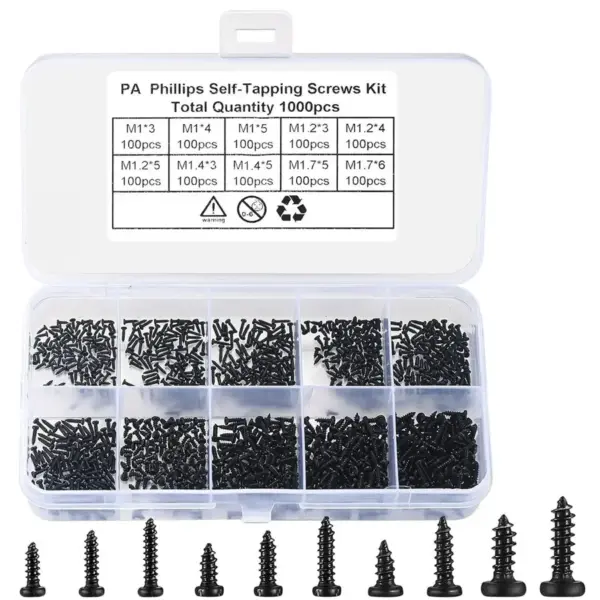 1000pcs Screws M1 M1.2 M1.4 M1.7 Assorted Micro Glasses ScrewsRound Head Self-tapping Electronic Small Wood Screws Kit Set