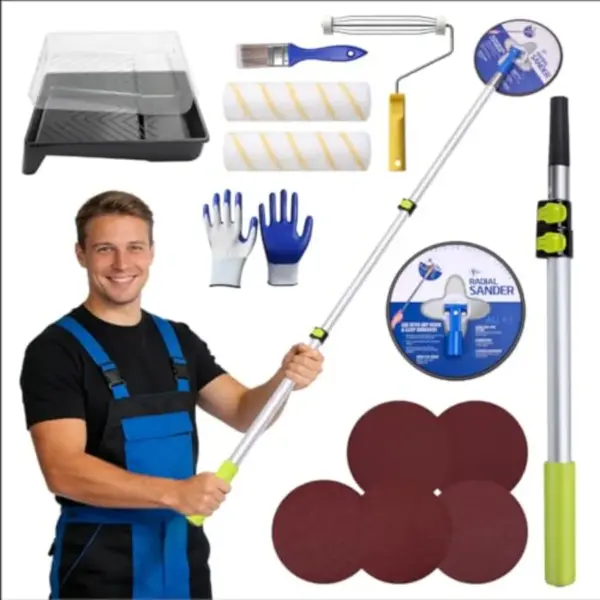 Drywall Pole Sander with Paint Roller Kit Adjustable Extension Handle 360° Pivot Head Manual Wall Prep and Painting Tool Set