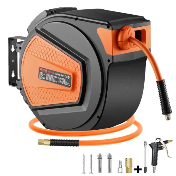 Retractable Air Hose Reel 3/8IN x 65FT Hybrid Air Hose Max 300PSI Ceiling/Wall Mount Enclosed PP Reel with 6.6 FT Lead in Auto-