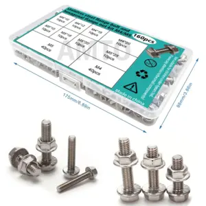Stainless steel flange bolts and nuts are available in combination sets of M4 and M5, 160 pieces, 10mm-25mm.