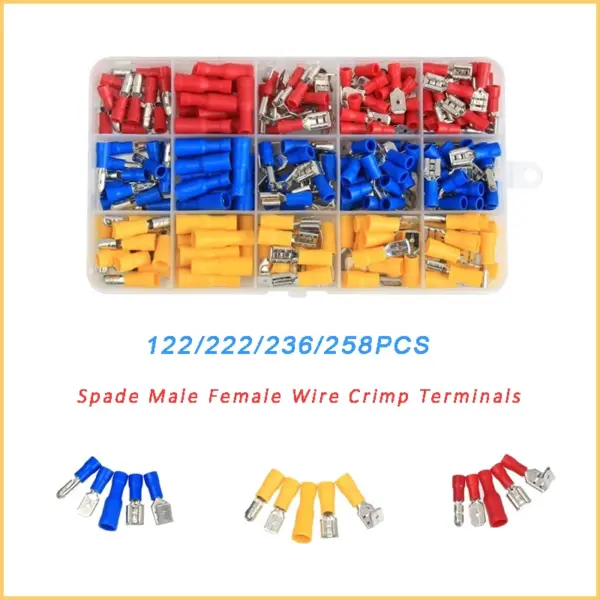 122-258PCS AWG22-10/0.5-6.0mm² Assorted Spade Male Female Wire Crimp Terminals Electrical Wire Connector Kit