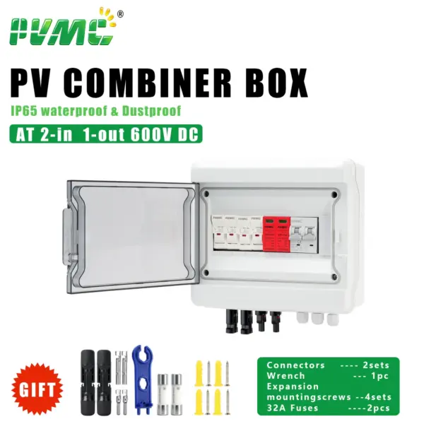 2 in 1 out AT DC 600V Solar photovoltaic PV Combiner Box With Lightning Protection 32A Fuse MCB SPD Waterproof IP65 Distribution