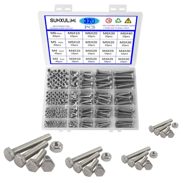 M3, M4, M5, M6 Bolt and Nut Combination Sets – 320-Piece Metric Stainless Steel Hex Head Screw and Nut Combination Fastener Bolt