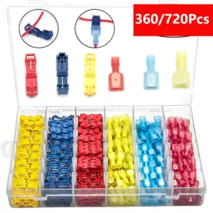 360/720Pc T Tap Wire Connectors Kit Electrical Connector Kit Spade Terminals Quick Splice Disconnect Wire Taps Cable Splice Lock