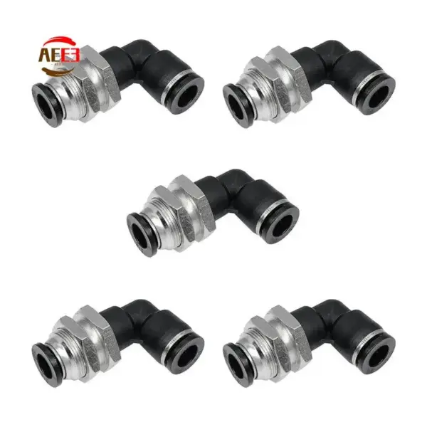 AEE3-5 Pcs Bulkhead Elbow Black 3/8In X 3/8In Tube OD Push To Connect Tube Fitting 90 Degree Elbow Pneumatic Quick Connect Fitti