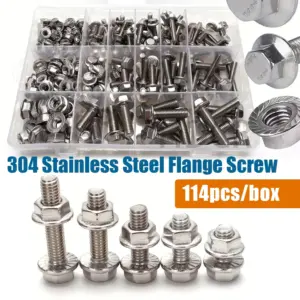 114-piece 304 stainless steel hexagonal flange bolt and nut set, sizes M5/M6/M8, lengths: 10mm,12mm,16mm,20mm,25mm,30mm,35mm