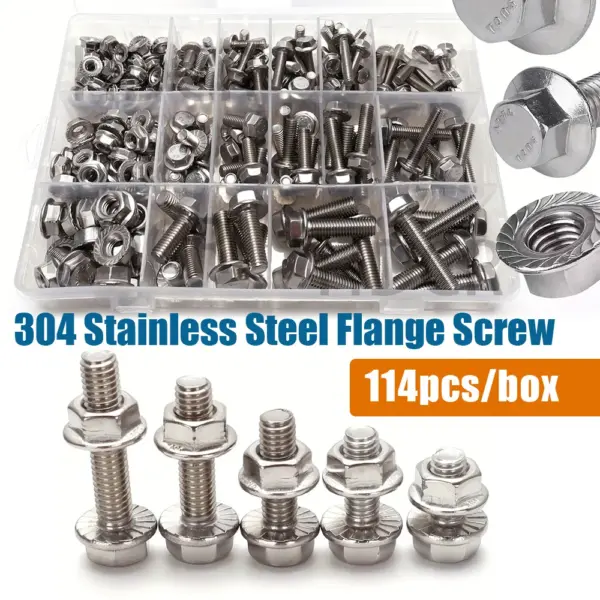 114-piece 304 stainless steel hexagonal flange bolt and nut set, sizes M5/M6/M8, lengths: 10mm,12mm,16mm,20mm,25mm,30mm,35mm