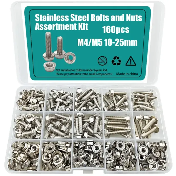 160-Piece 304 Stainless Steel Hex Flange Bolt and Nut Set, M4/M5, Length: 10mm, 12mm, 16mm, 20mm, 25mm