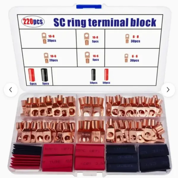 For Electrical Wiring 220pcs Copper Ring Lug Terminal Connectors Kit Heat Shrink Tubing Cable Lugs