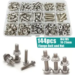 144-piece stainless steel hexagonal flange bolt and nut set, M4/M5, length 10mm, 12mm, 16mm, 20mm, 25mm