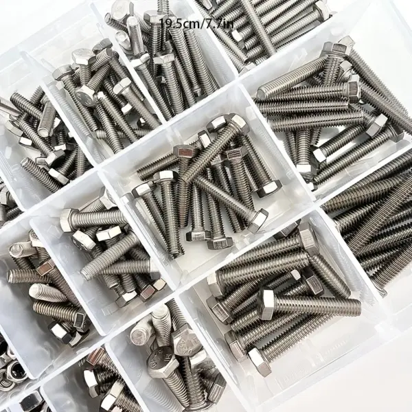 657pcs M4, M5, M6 stainless steel hex bolts, nuts, and washers set, suitable for home repairs, machinery, and DIY projects.