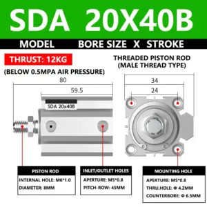 ABILKEEN SDA20X40B SDA Series Thin Air Cylinder 20MM Male Thread Bore X 40MM Stroke Double Acting Pneumatic Compact Cylinder