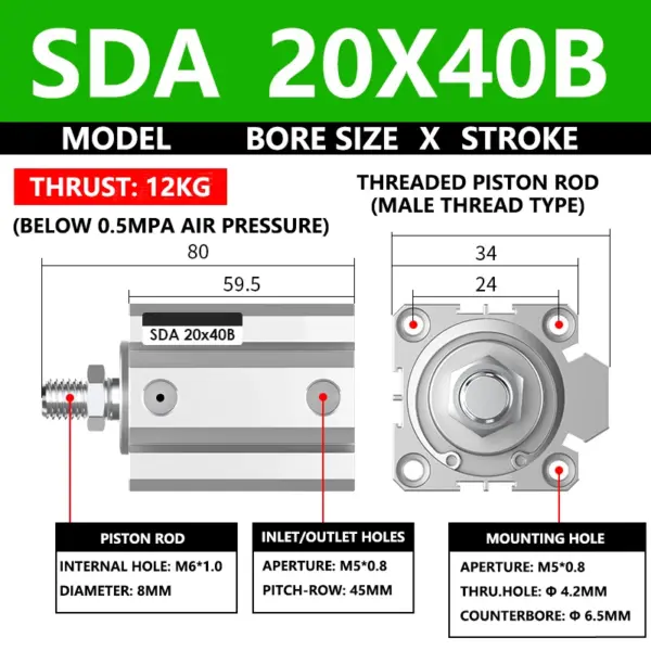 ABILKEEN SDA20X40B SDA Series Thin Air Cylinder 20MM Male Thread Bore X 40MM Stroke Double Acting Pneumatic Compact Cylinder