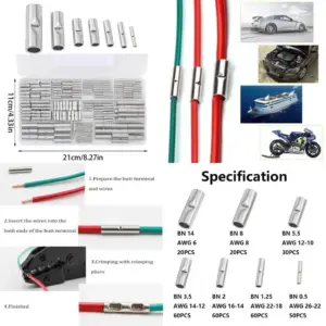 Y1UD 300Pcs Tinned Copper Crimp Splices Cable Ferrules Butt Splices Connectors