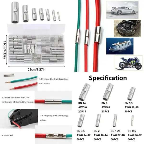 Y1UD 300Pcs Tinned Copper Crimp Splices Cable Ferrules Butt Splices Connectors