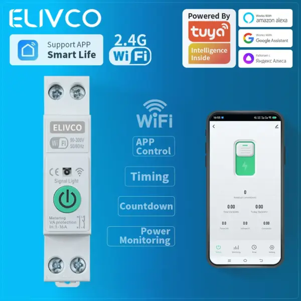1P+N Tuya WiFi Smart Circuit Breaker Switch With Metering Timer Relay MCB Voltage Current Protect Alexa Google Home Alice