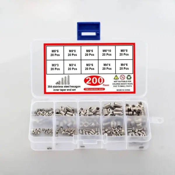 Boxed 200/260/250/300pcs M3 M4 M5 M6 Specifications, Stainless Steel 304 Hexagonal Cone End Settling Screw Set