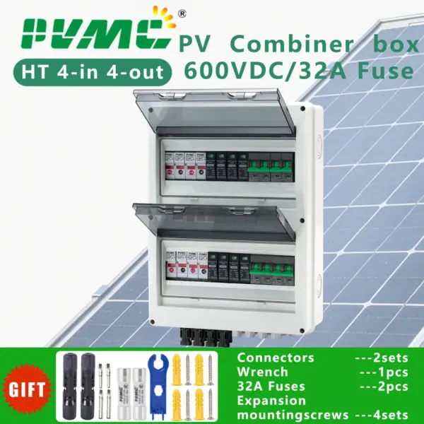 PVMC Solar Photovoltaic PV Combiner Box With Lightning Protection 4 input 4 out DC 600V Fuse MCB SPD Waterproof Box IP65 24ways