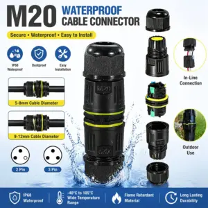 M20 Waterproof Cable Connector 3 Pin Inline Electrical Wire Gland Joint Sleeve 5-12mm Cord Adapter Outdoor IP68 Lighting Plug