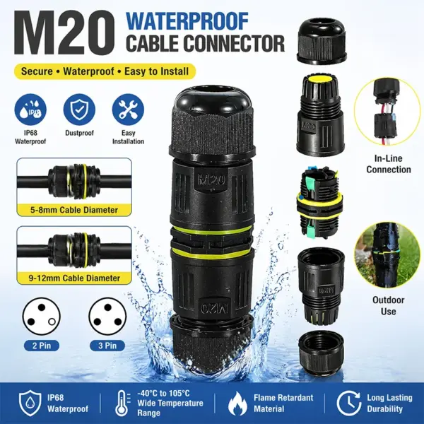 M20 Waterproof Cable Connector 3 Pin Inline Electrical Wire Gland Joint Sleeve 5-12mm Cord Adapter Outdoor IP68 Lighting Plug