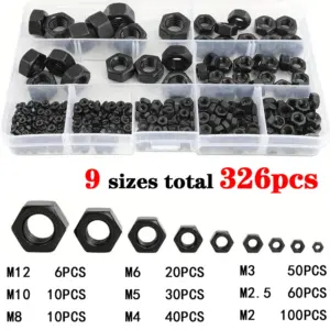 326pcs Metric Black Hex Nuts Assortment Kit M2-m12 Assorted Metric Hardware Nuts Set 9 Sizes Carbon Steel Metal For Screw Bolt