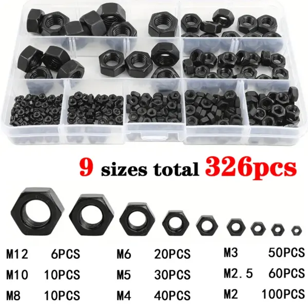 326pcs Metric Black Hex Nuts Assortment Kit M2-m12 Assorted Metric Hardware Nuts Set 9 Sizes Carbon Steel Metal For Screw Bolt