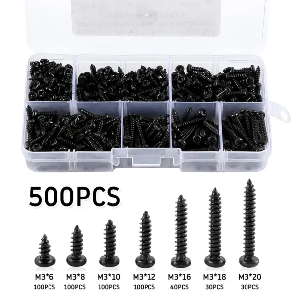 500pcs M3 Screws Black Self Tapping Screws Pan Head Cross Self Drilling Wood Screw Assortment Kit 6/8/10/12/16/18/20mm Carbon