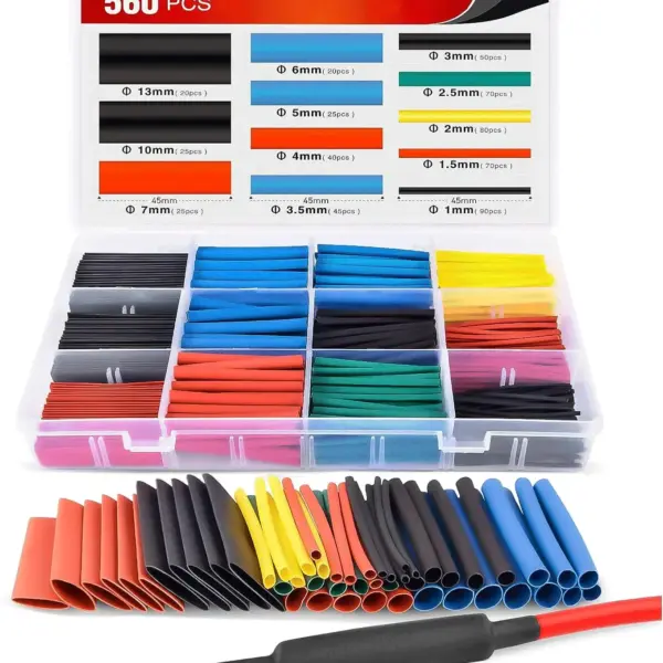 560pcs Heat Shrink Tubing Kit 2:1 Ratio 45mm Length 5 Colors 12 Sizes with Storage Box, Flame Retardant