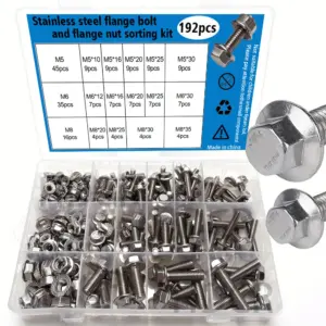 192-piece stainless steel hexagonal flange bolt and nut set, M5/M6/M8, length 10-35mm