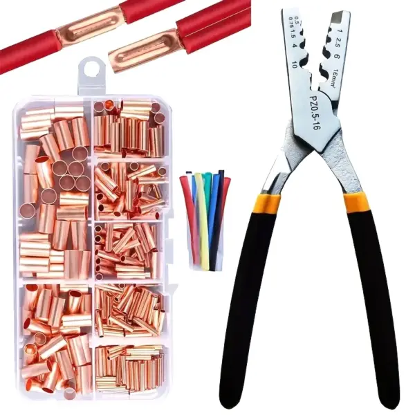 1 Set Small Copper Tube Terminal Cable Lug Bootlace Ferrule Kit With Crimping Pliers GT Copper Connecting Pipe Wire Joint