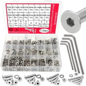 1120pcs stainless steel hexagon socket screws | M3/M4/M5/M6 metric set, includes nuts, washers, and hexagon wrench
