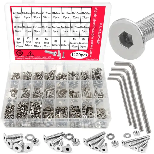 1120pcs stainless steel hexagon socket screws | M3/M4/M5/M6 metric set, includes nuts, washers, and hexagon wrench