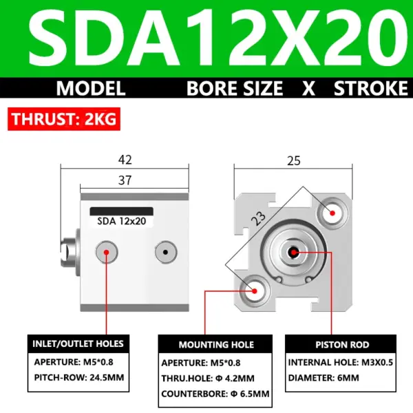 ABILKEEN SDA12X20 SDA Series Thin Air Cylinder 12MM Female Thread Bore X 20MM Stroke Double Acting Pneumatic Compact Cylinder