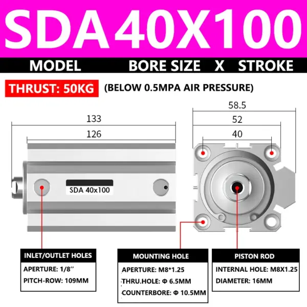 ABILKEEN SDA40X100 SDA Series Thin Air Cylinder 40MM Female Thread Bore X 100MM Stroke Double Acting Pneumatic Compact Cylinder