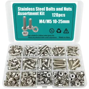 128-Piece 304 Stainless Steel Hex Flange Bolt and Nut Set, M4/M5, Length: 10mm, 12mm, 16mm, 20mm, 25mm