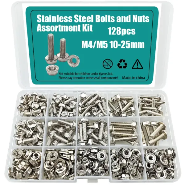 128-Piece 304 Stainless Steel Hex Flange Bolt and Nut Set, M4/M5, Length: 10mm, 12mm, 16mm, 20mm, 25mm
