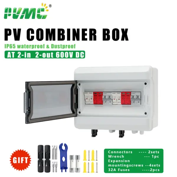 2 in 2 out AT DC 600V Solar photovoltaic PV Combiner Box With Lightning Protection 32A Fuse MCB SPD Waterproof IP65 Distribution