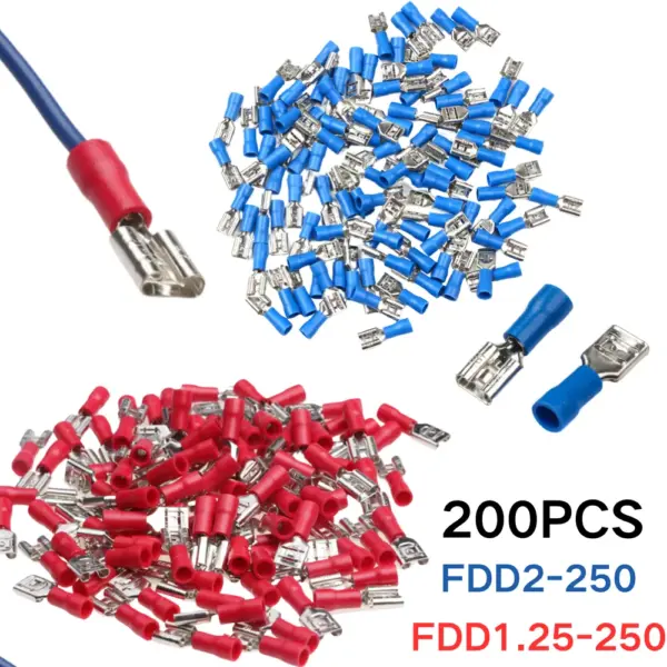 200/100PCS Red + Blue 6.3mm Female Insulated Spade Crimp Terminal Wire Connector For 0.5-2.5mm Electrical Wire Cable Connecors
