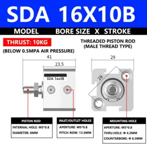 ABILKEEN SDA16X10B SDA Series Thin Air Cylinder 16MM Male Thread Bore X 10MM Stroke Double Acting Pneumatic Compact Cylinder