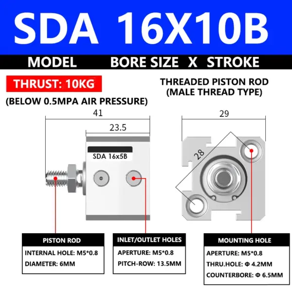 ABILKEEN SDA16X10B SDA Series Thin Air Cylinder 16MM Male Thread Bore X 10MM Stroke Double Acting Pneumatic Compact Cylinder