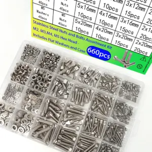 660pcs Stainless Steel Hex Socket Head Screws, Nuts, and Washers Set; Hex Socket Fastener Set for Automotive and Home Repair