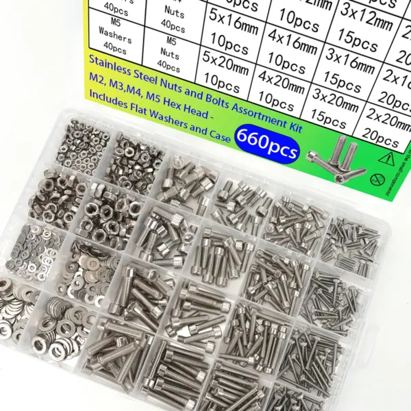660pcs Stainless Steel Hex Socket Head Screws, Nuts, and Washers Set; Hex Socket Fastener Set for Automotive and Home Repair
