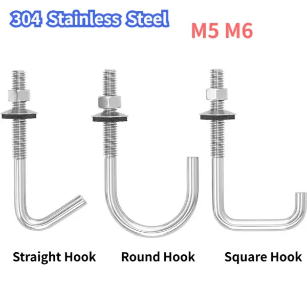 5Set M5 M6 304 Stainless Steel Straight Angle Round Square L Tilting Hook Bolts Set Screws with Heax Nuts and Washers