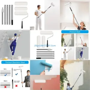 Y6GD Paint Roller Extension Poles with 3 Brush Heads Stainless Steel Telescopic Poles Wall Painting Brush for Wall and Ceiling