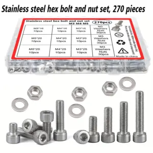 270-piece stainless steel hex socket head cap bolt and nut set, M3, M4, M5, for industrial equipment and home repair.