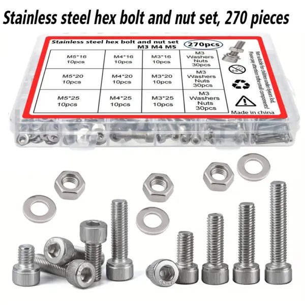 270-piece stainless steel hex socket head cap bolt and nut set, M3, M4, M5, for industrial equipment and home repair.